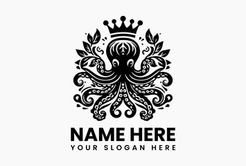 Ornate octopus with jeweled crown and symmetrical seaweed scrollwork, heraldic vector emblem for luxury seafood brands © vectorvovdesign