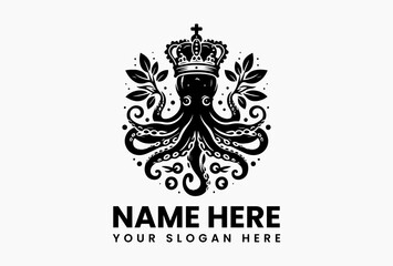 Ornate octopus with jeweled crown and symmetrical seaweed scrollwork, heraldic vector emblem for luxury seafood brands