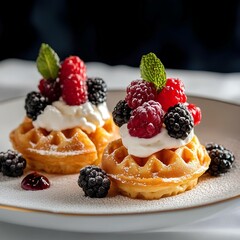 Tiny Golden Waffles Garnished with Berries and Cream