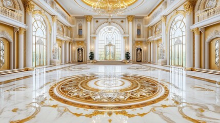 Luxurious interior of a grand hall. Ornate details, opulent design, and spaciousness