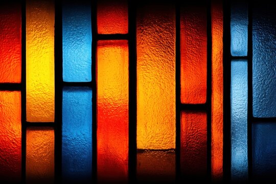 Iridescent multicolored glass panels create a vibrant and textured abstract window mosaic with vivid color blocks and dark background