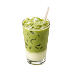 Iced milk matcha latte green tea on a glass with straw and creamy swirls on a transparent background png drinks design