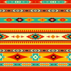 Ethnic Southwestern cotton fabric with vivid rustic motifs, seamless pattern.