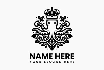 Flowing octopus crowned with lotus and lily pads, elegant vector logo for spa and ocean conservation groups 