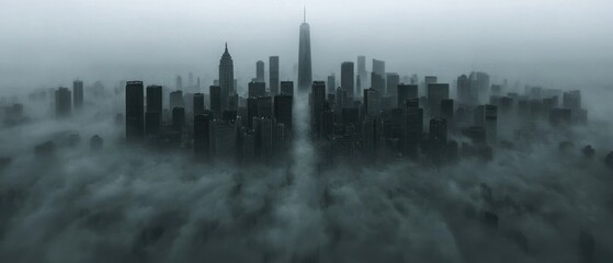 Fototapeta premium Enigmatic Metropolis: A City Submerged in Fog