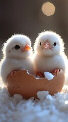 Two fluffy chicks nestled in a broken eggshell