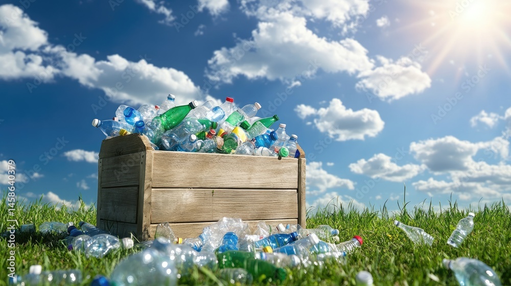 Poster a small wooden recycling container with an overflowing pile of plastic bottles on a sunny day
