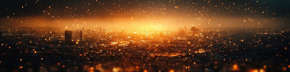 Fototapeta premium Glowing Cityscape at Night with Golden Lights and Sparkling Particles