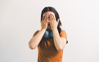 Asian girl expresses dislike, person express negative feeling, concept business complaint from...