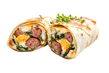 Delicious Breakfast Burrito with Sausage Eggs and Greens on transparent background