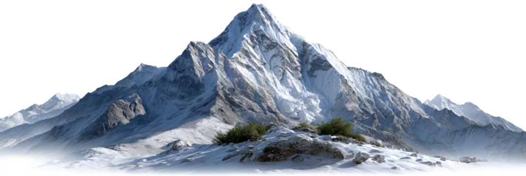 Snow-covered mountain peak against a dark background, showcasing rugged terrain and sharp lines. Png, Isolated on background.