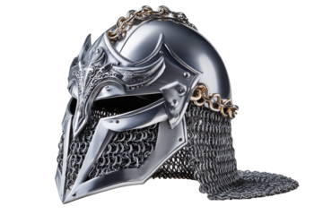 A detailed silver helmet with intricate designs and chainmail features. Png, Isolated on background.