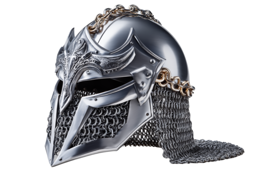 A detailed silver helmet with intricate designs and chainmail features. Png, Isolated on background.
