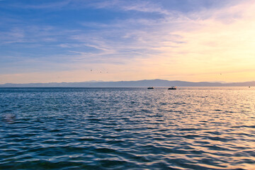 Lake Ohrid, North Macedonia, April 13 2024. Mountain range and peninsula in distance. Ohrid Lake,...