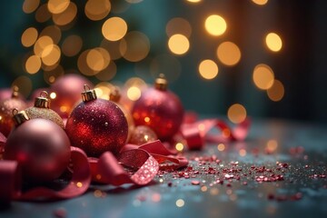 Sparkling ornaments and shimmering ribbons cascade on a table, conveying joyful celebration, joyful, table
