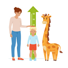 Measuring son height. Mom helps toddler boy measure his height, wall meter with cute giraffe, gradual child growth marks, check growing process, cartoon flat isolated recent vector concept
