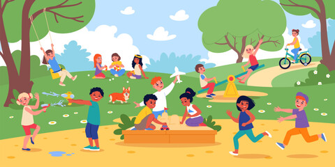 Happy children in summer park. Kids playground, different funny games, outdoor activities, friends in sandbox, swing, water guns, riding on bicycle, cartoon flat classy vector concept