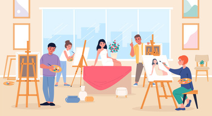Art classes. Drawing live model process, girl poses for artists, painting workshop, painters paint human figure, men and women paint pictures on canvas, cartoon flat classy vector concept