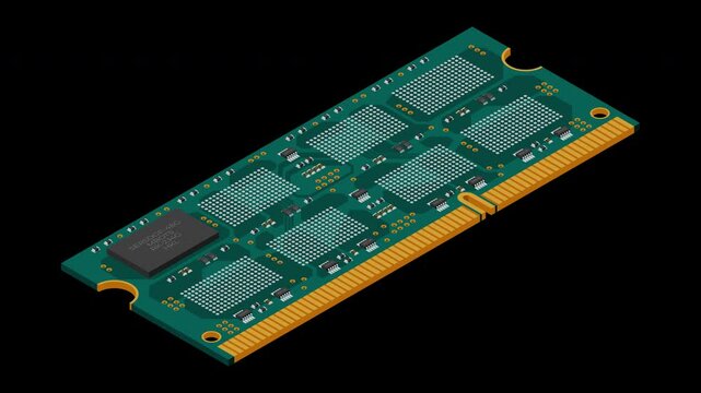 Isometric random access memory animation. RAM memory realistic 3d isometric. Computer hardware components. Transparent background with alpha channel