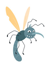 Cartoon mosquito, funny character. Bloodsucker insect, color flat icon. Cute mosquito isolated vector illustration