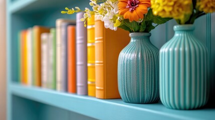 Brown bookshelf with a stack of textbooks, decorative items, and plants in a space filled with framed pictures and personal mementos.