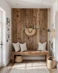 Natural entrance design with wooden bench and rattan basket