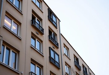 Naklejka premium Apartment building facade with multiple visible window frames, apartment, vector