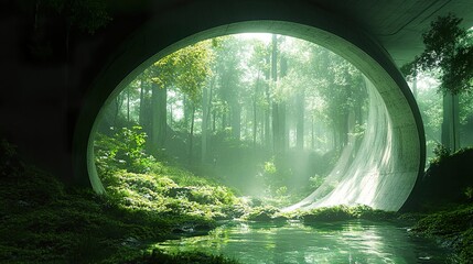 A round tunnel with green trees and misty light inside, a river flowing through the forest outside, creating an atmosphere of tranquility and natural beauty. 