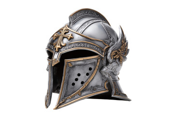 Ancient warrior helmet with intricate designs and a plume. Png, Isolated on background.
