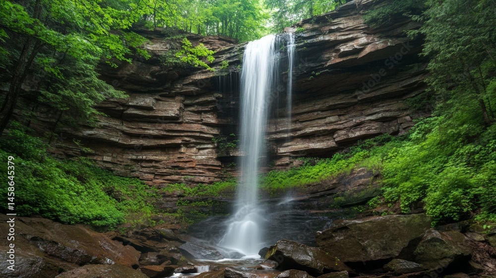 Poster scenic view of waterfall flowing over layered rocks in a lush forest, creating a picturesque natural