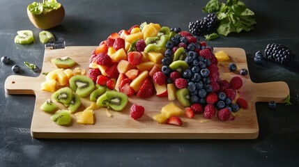 Artistic representation of a brain using mixed fruits on a wooden board for health education