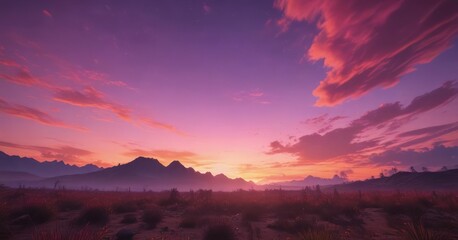 Fiery sunset paints the sky with vibrant orange, pink, and purple hues , marvel, atmospheric, vista