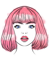 teenager girl with pink hair, portrait of a girl hand drawn watercolor illustration png cut out