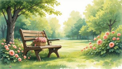 Serene Garden Scene Featuring a Wooden Bench Surrounded by Colorful Flowers and Gentle Sunlight