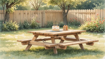 Charming Picnic Table Decorated for a Birthday Celebration in a Lush Garden