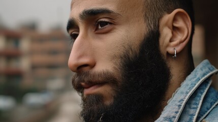 Obraz premium A thoughtful man gazes into the distance, his beard and earring adding character, against a softly blurred urban backdrop.