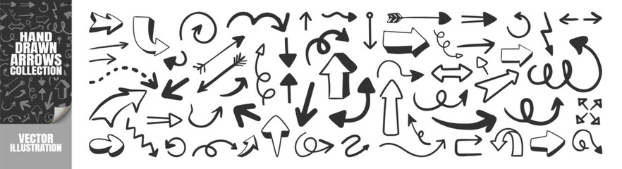 Hand Drawn Arrows Set. Doodle Style Direction Icons on Transparent Background