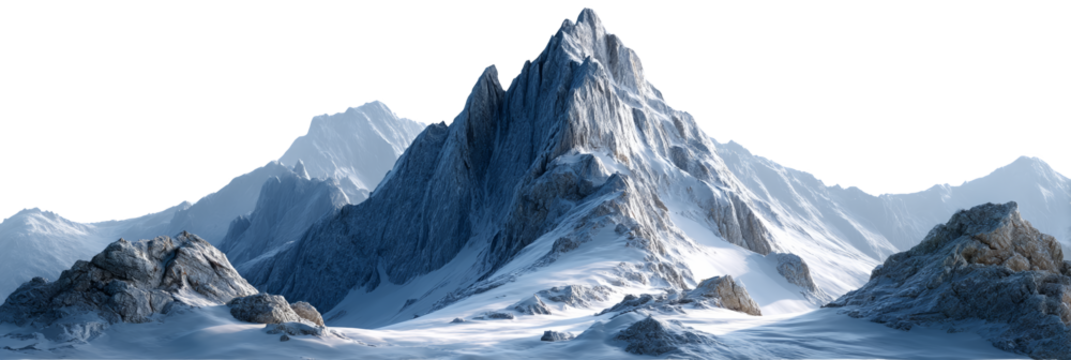 Majestic mountain range with peaks and valleys in a minimalist black and white style. Png, Isolated on background.