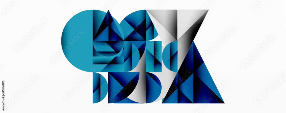 Poster Abstract geometric composition. Blue shapes overlap, creating dynamic visual effect. Modern design, clean lines, minimalist aesthetic.