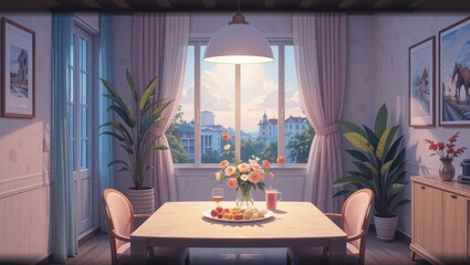 Cozy Dining Room with a Table Set for a Relaxing Meal and Sunlight Streaming Through the Window