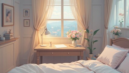 Cozy Bedroom with Morning Light and Fresh Flowers by a Window Overlooking a Scenic View