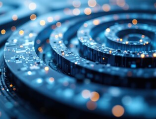 Spiraling digital circuits illuminated by glowing lights, creating a futuristic and high-tech visual effect.