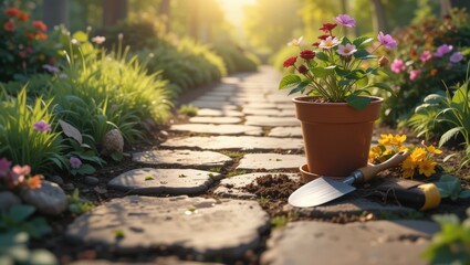 Sunlit Pathway with Flowering Plants and Garden Tools at a Serene Outdoor Setting in Spring