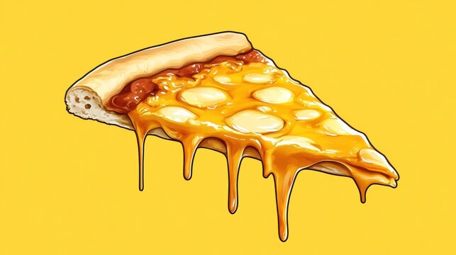 Melting cheese pizza slice illustration vibrant yellow background