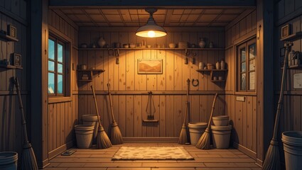 Cozy Interior of a Rustic Cabin with Wooden Shelves and Warm Ambient Lighting