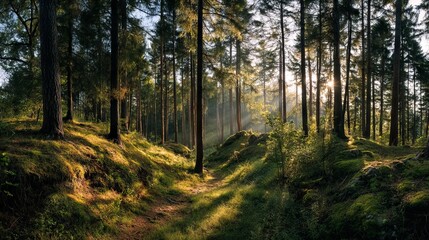 Sunbeams shining through panoramic forest landscape with tall trees