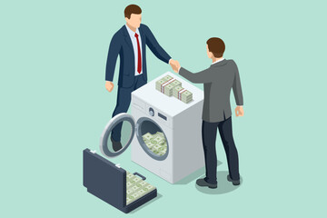 Isometric man hanging dollar bills on a line after washing them, representing the metaphor of money laundering and financial crime. AML Anti money laundering financial. Illegal money metaphor