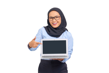 Portrait of smiling young Asian woman pointing fingers at a blank screen of a laptop, with copy space for presenting product isolated on transparent background