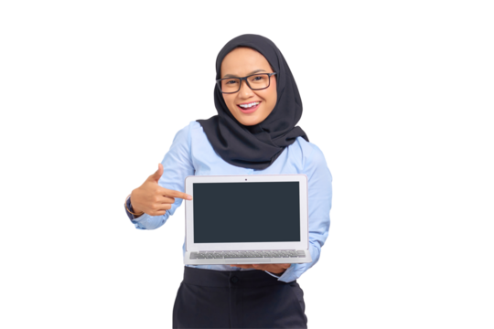 Portrait of smiling young Asian woman pointing fingers at a blank screen of a laptop, with copy space for presenting product isolated on transparent background