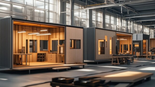 Modern prefab homes in a factory setting